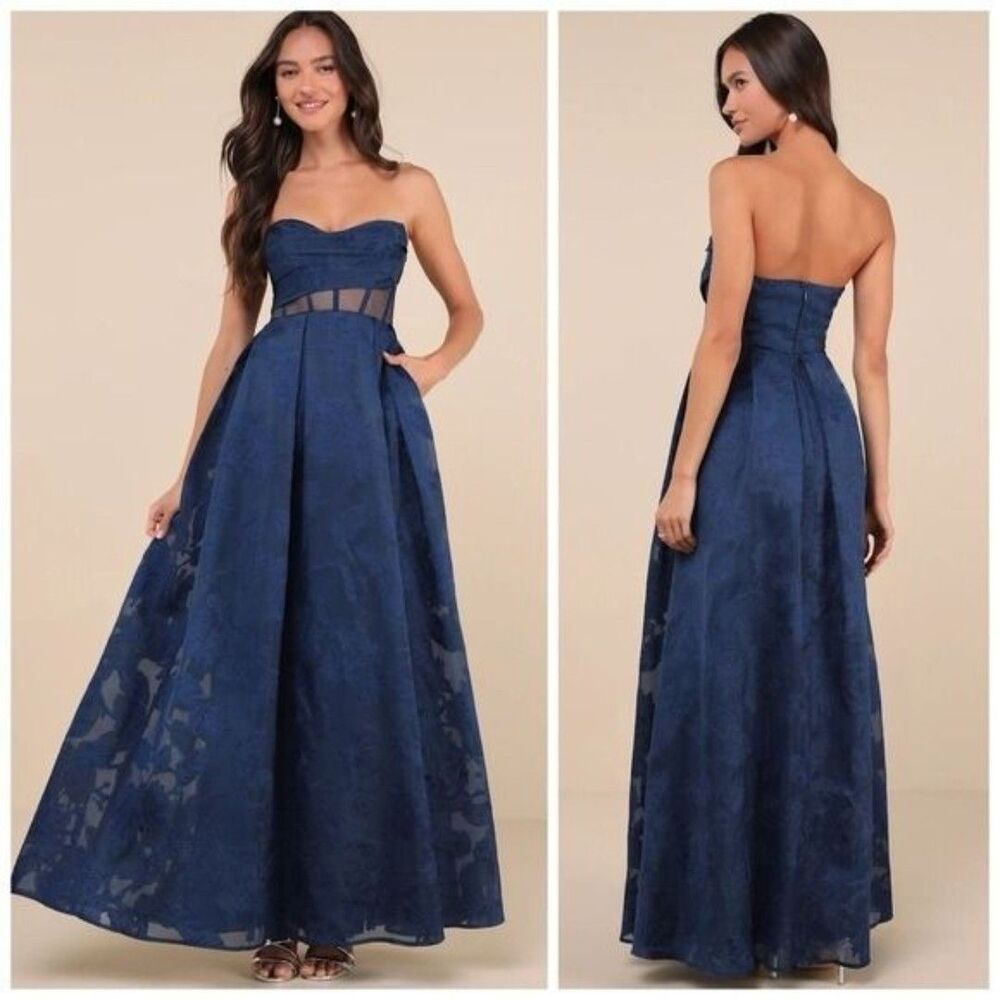 Lulu's Strapless Navy Blue Maxi Dress with Sheer Waist Insets